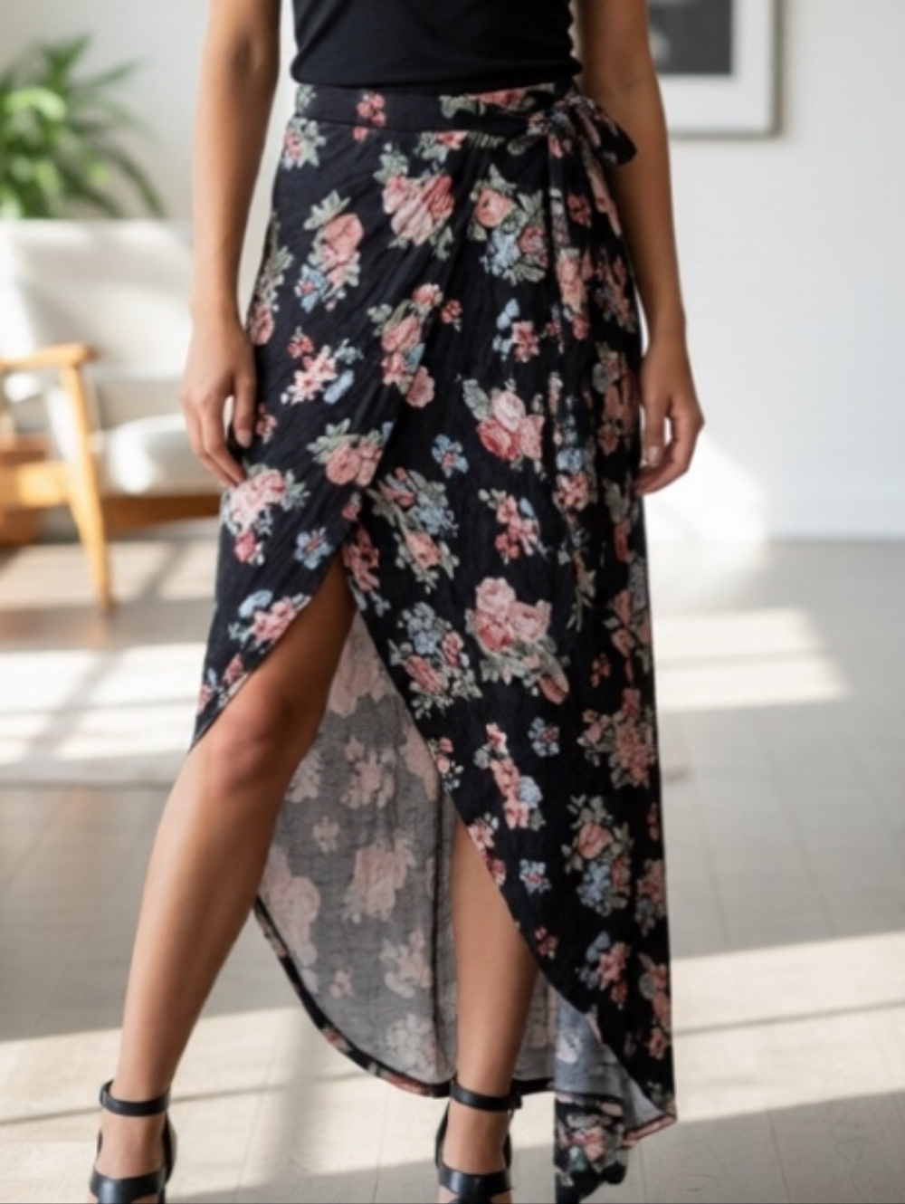Floral Wrap Maxi Skirt - Black with Pink Blossom Ultra Flirt Small